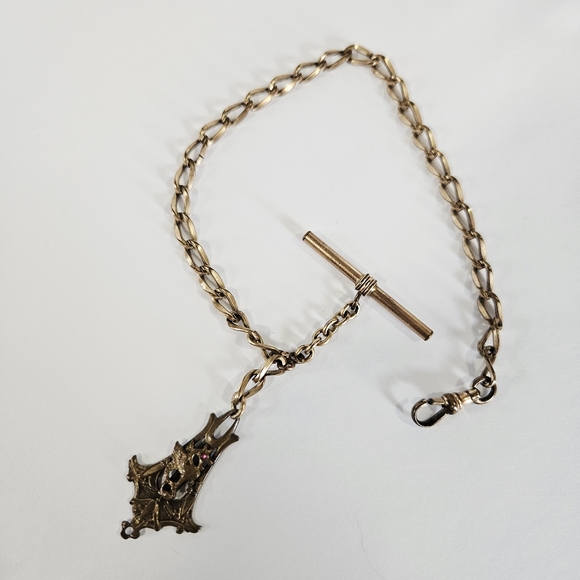 Antique Jewelry - Antique Victorian Art Nouveau Albert Bronze Pocket Watch Chain Dragon Drop Charm